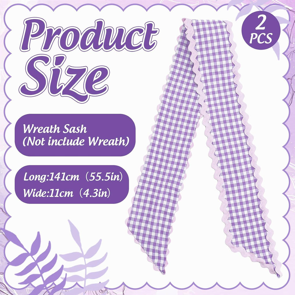 Whaline 2 Pcs Wreath Sash for Front Door Purple Plaid Garland Ribbon for Holiday Party Home Decor Indoor Outdoor