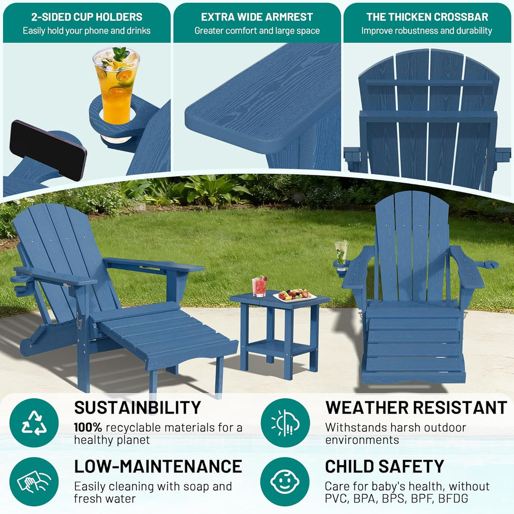 PLUUV Folding Adjustable Adirondack Rocking Chair Set of 2 with Retractable Ottoman and Cup Holders, Outdoor HDPE Adirondack Rocker Patio Chair, Wood-Like Reclining Adirondack Chair, Navy