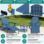 PLUUV Folding Adjustable Adirondack Rocking Chair Set of 2 with Retractable Ottoman and Cup Holders, Outdoor HDPE Adirondack Rocker Patio Chair, Wood-Like Reclining Adirondack Chair, Navy