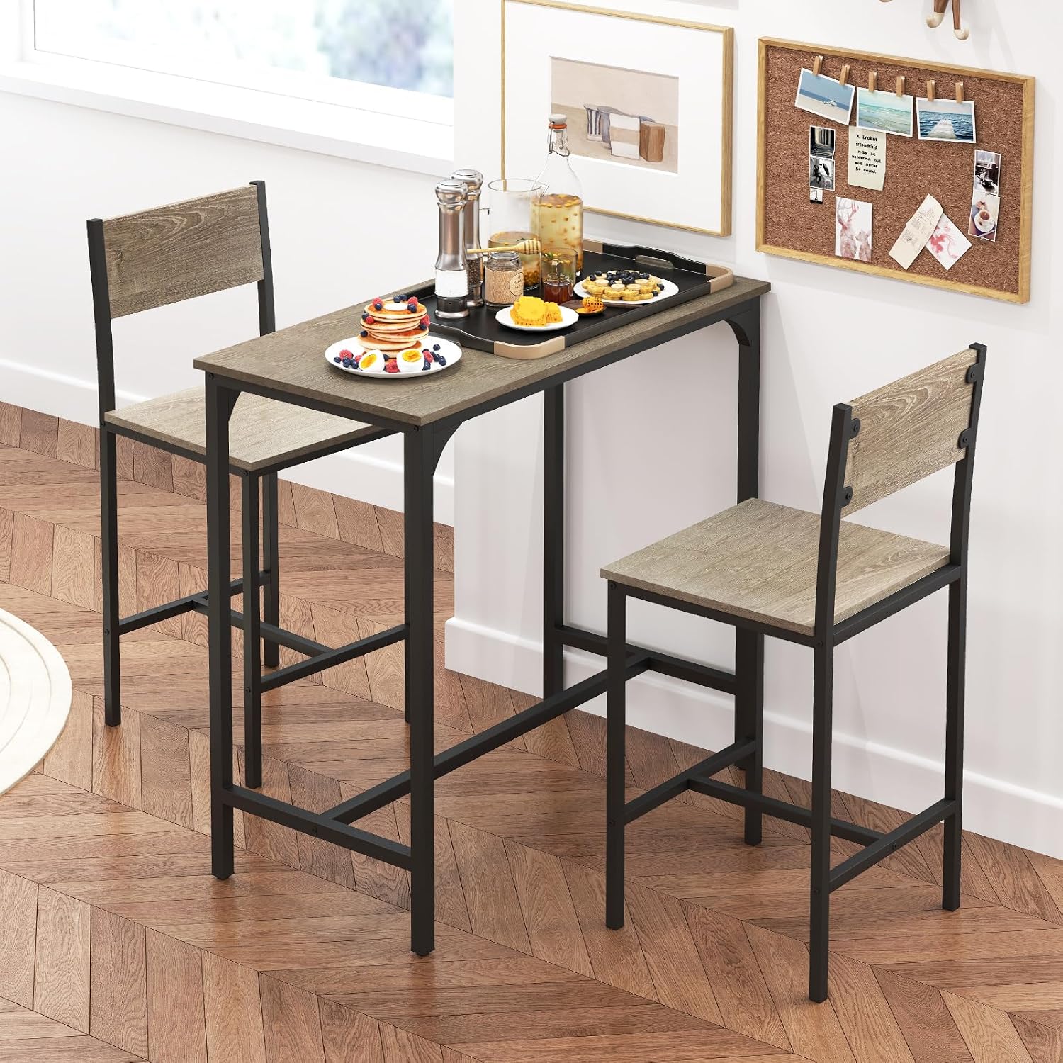 GOFLAME 3-Piece Bar Table Set, Counter Height Pub Table & 2 Barstools with Metal Frame, Industrial Space Saving Dining Set for Kitchen, Dining Room, Bistro, Restaurant, Small Space, Grey