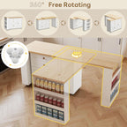 IRONCK Kitchen Island with 360° Swivel Table, 23.6 in Depth Mobile Kitchen Cart with Cabinet, Spice Rack and Drawers, White