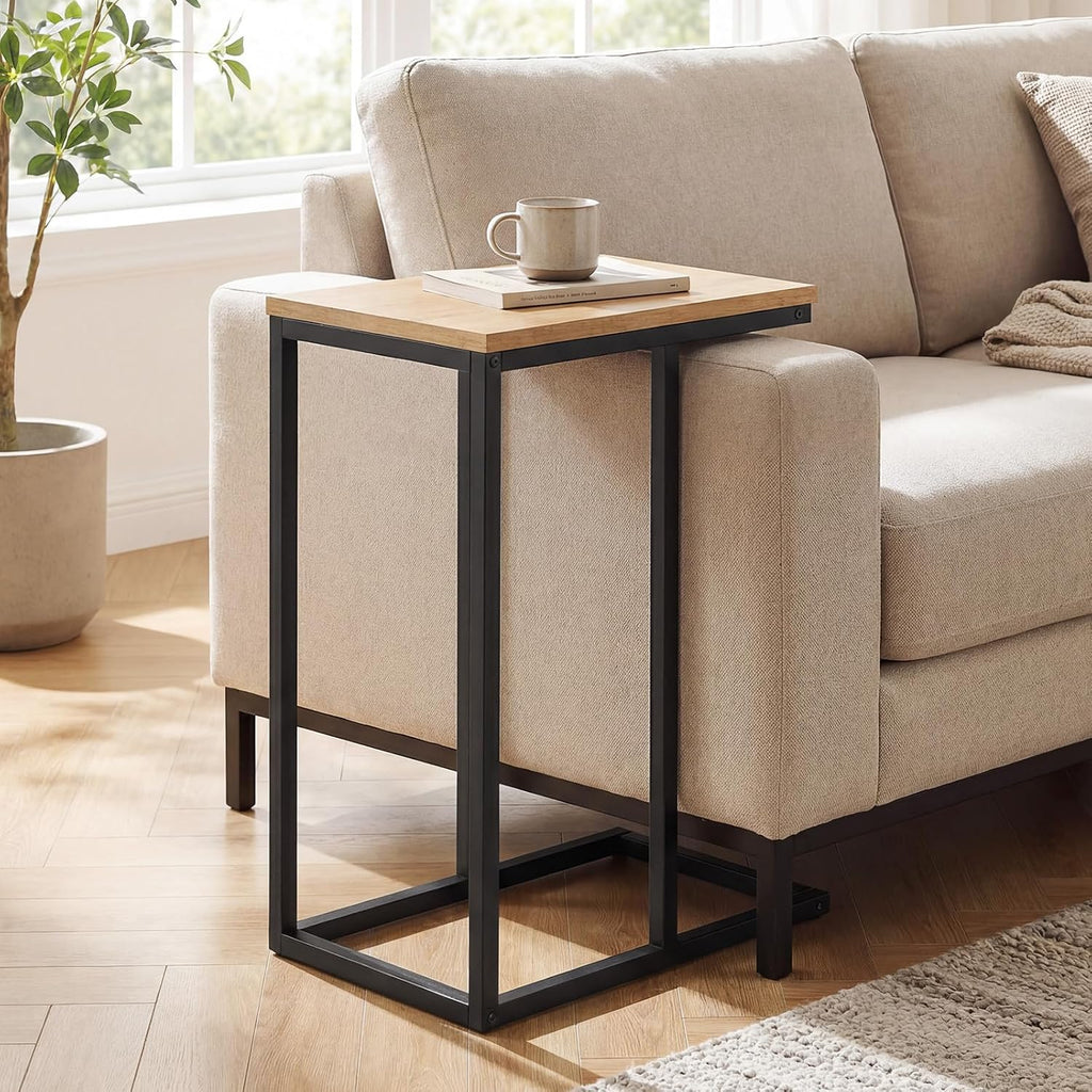 Giantex C-Shaped End Table, Set of 2 Small Sofa Couch Side Table that Slide Under with Metal Frame & Spacious Tabletop, Bedside Laptop TV Tray for Living Room Bedroom Small Spaces (Natural)
