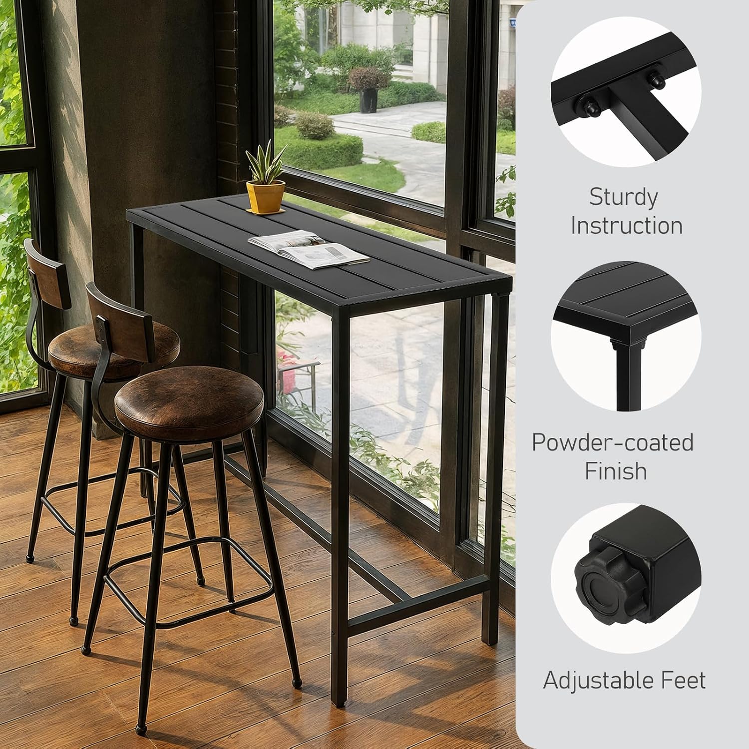 Outvita Outdoor Bar Table, Heavy Duty 40" Metal Table for Balcony Bistro | Waterproof Sturdy Frame Adjustable Foot for Hot Tub Patio Backyard Balcony Hallway Rectangle Black Heavy Duty Counter Height