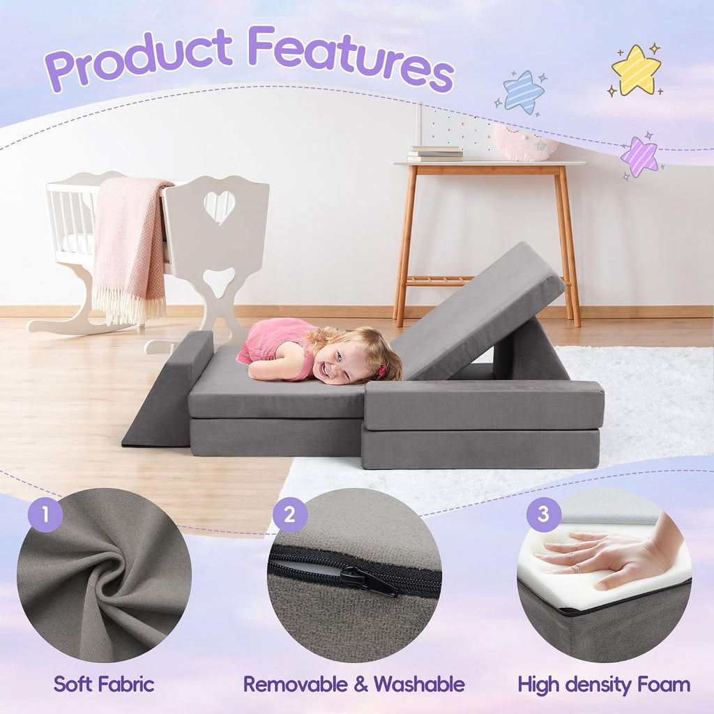 Modular Kids Play Couch, Toddlers Couch Building Set, Children Convertible Play Fort, Kids Sofa for Playroom and Bedroom, Rectangular Armrests