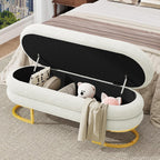 Vabches 49" Ottoman with Storage, Storage Bench with Golden Metal Leg Large Oval Upholstered Linen End of Bed Bench for Living Room, Bedroom, Window & Entryway, 330 lb Capacity, White