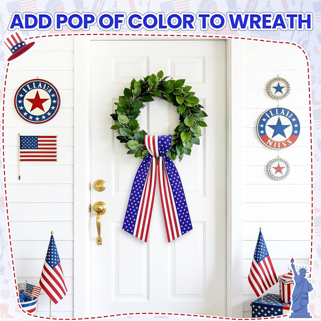 Patriotic Wreath Sash, 56 Inch Red and White Stripes White Blue Stars Front Door Wreath Sash for Holiday Indoor Outdoor Decorations, 1 Pcs