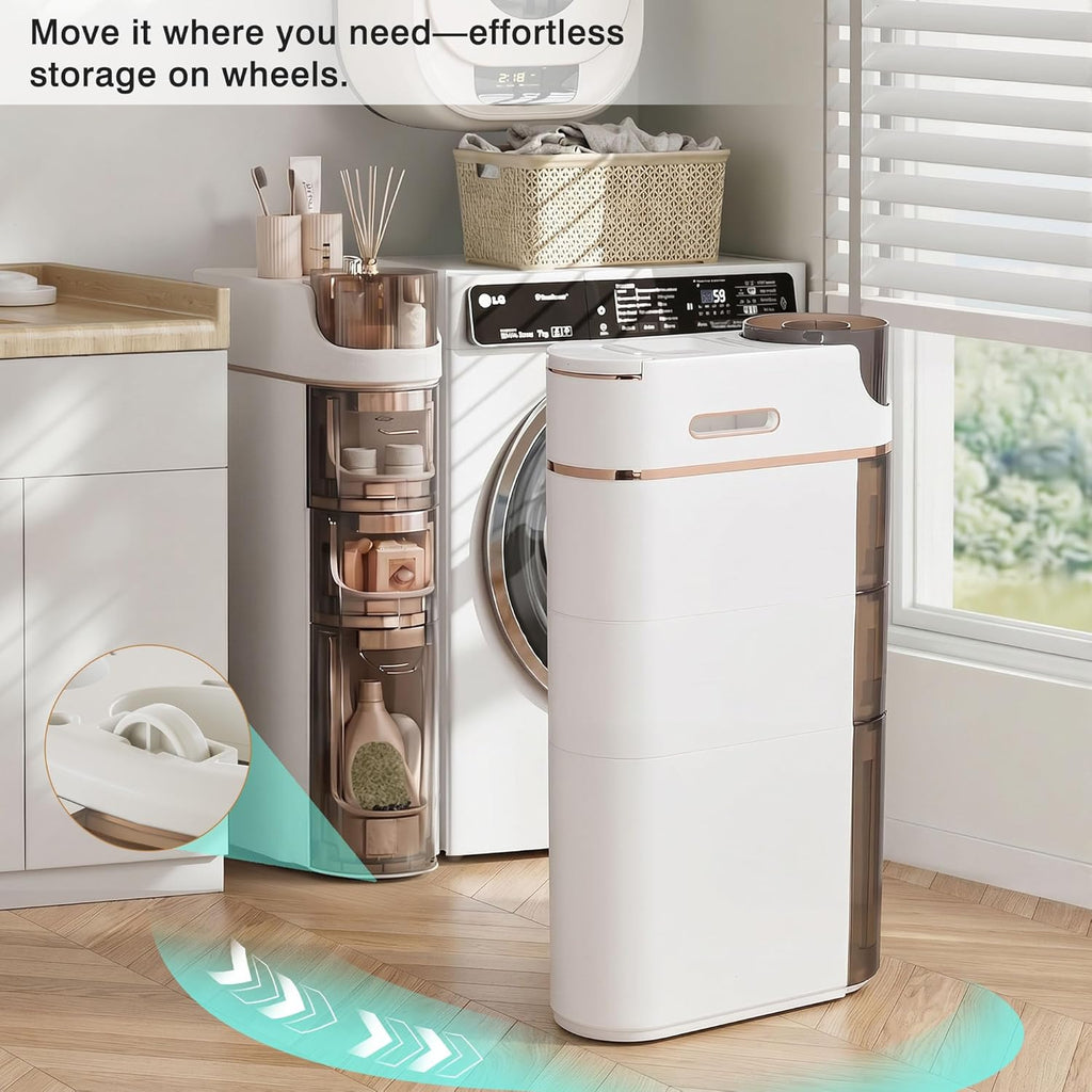 VECELO 3-Tier Slim Bathroom Storage Cabinet with Wheels, Skinny Bathroom Storage Cabinet with Drawers, Toilet Paper Holder, Movable Narrow Floor Cabinet for Small Space, Bathroom