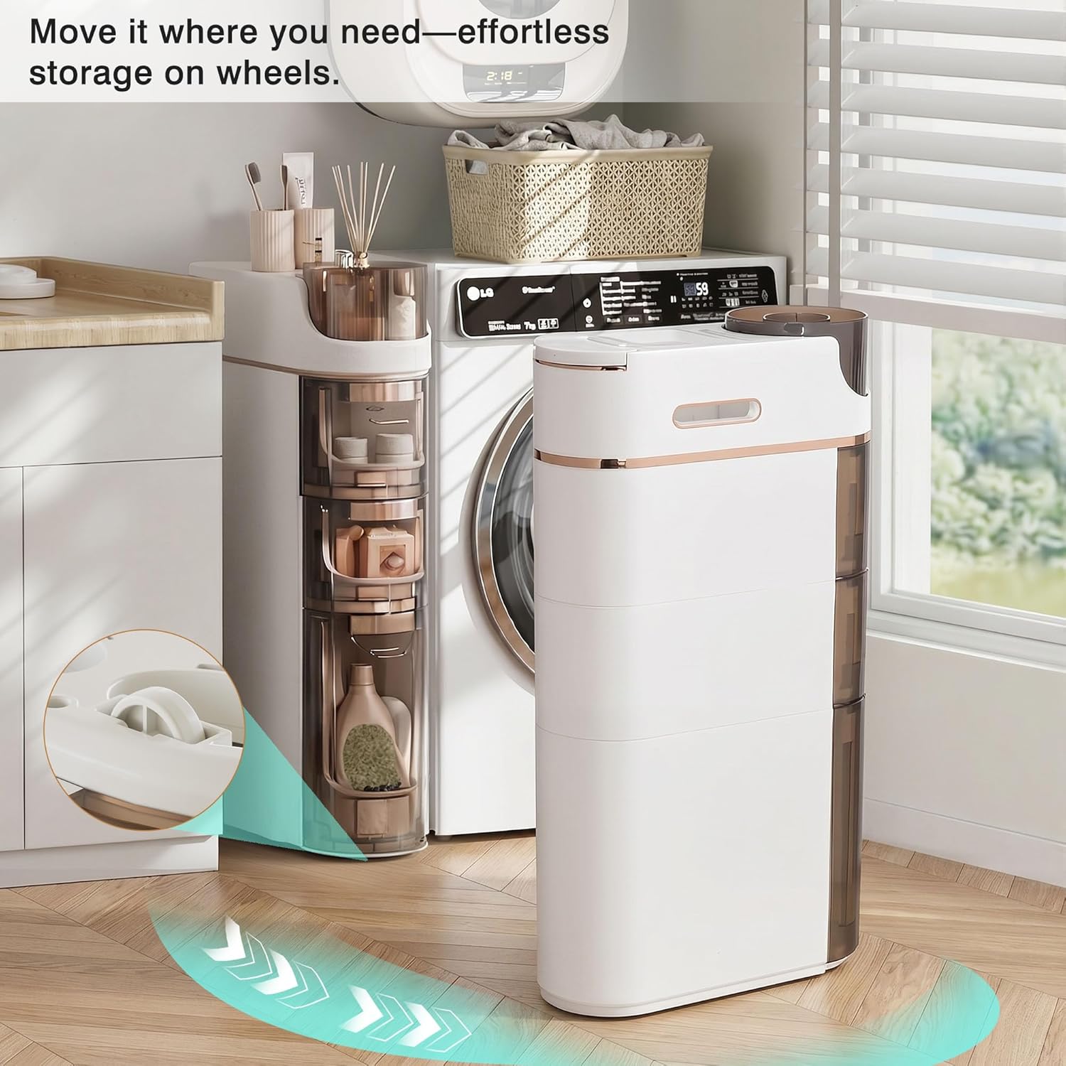 VECELO 3-Tier Slim Bathroom Storage Cabinet with Wheels, Skinny Bathroom Storage Cabinet with Drawers, Toilet Paper Holder, Movable Narrow Floor Cabinet for Small Space, Bathroom