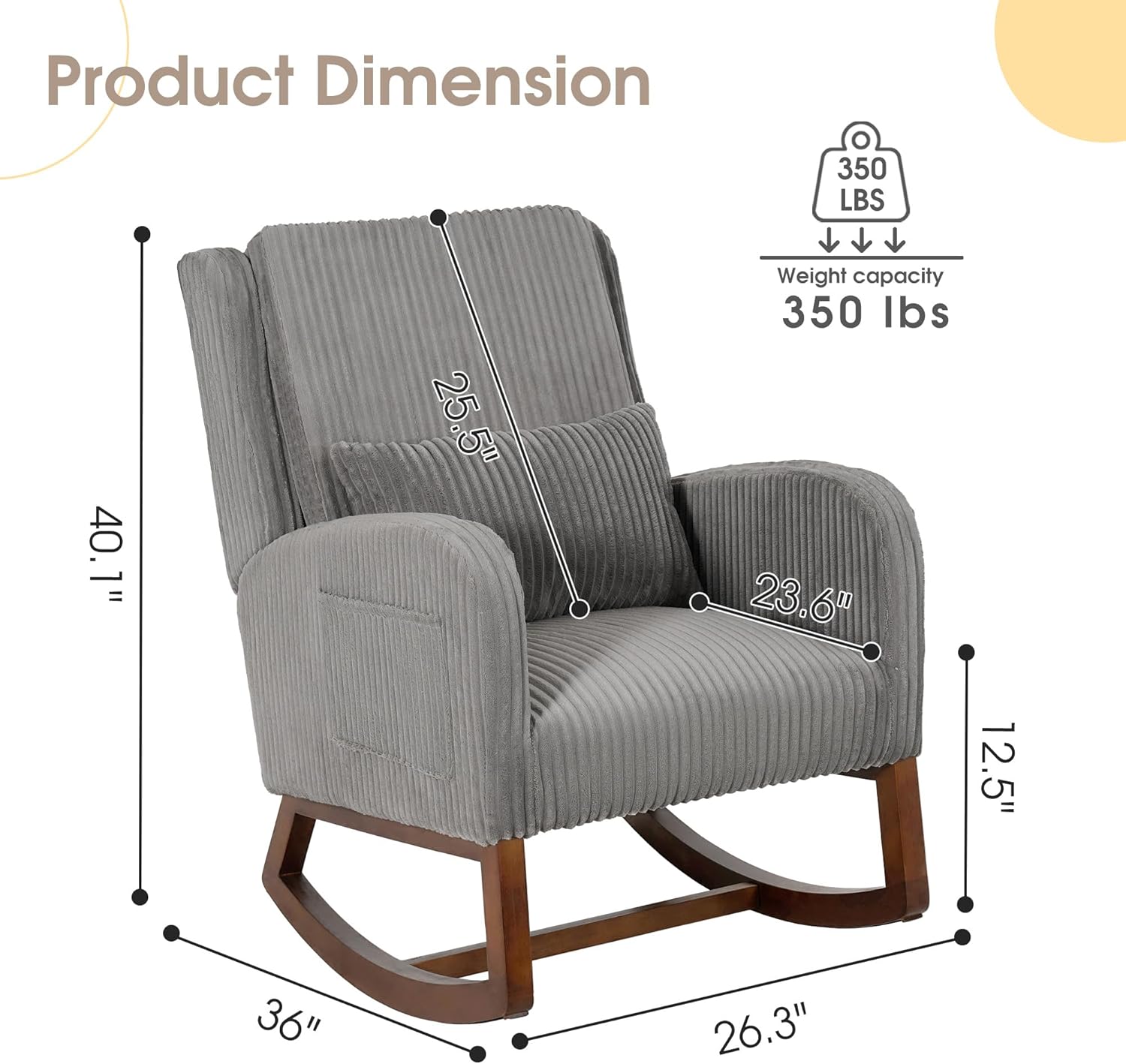 COCO DESIGN Corduroy Upholstered Rocking Chair for Nursery, Padded Seat & Back, Sturdy Wood Rockers for Living Room, Nursery, Bedroom Relaxation (Dark Grey)