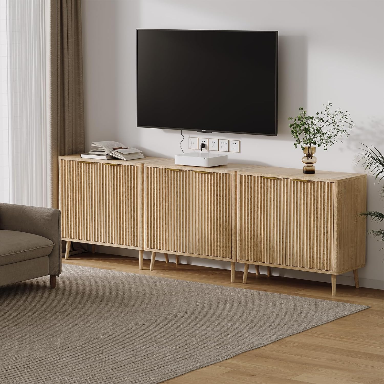 Modern Fluted Sideboard Buffet Cabinet with Storage, 31.5" Slim Wood Accent Credenza Console with Doors and Adjustable Shelves, Mid Century Narrow Storage Cabinet for Living Room, Hallway Kitchen Oak