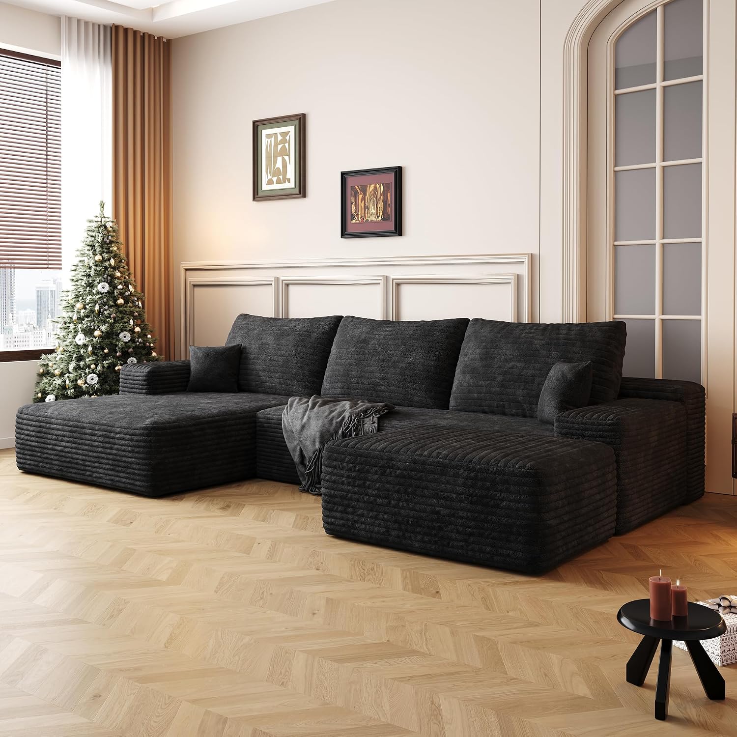 107" W Corduroy Sectional Boneless Cloud Couch with Chaise & Ottoman, No Assembly Required, U Shaped Modular Sectional Sofa, Cozy Fluffy Sofa for Living Room (Black, Left Facing Chaise+Ottoman)