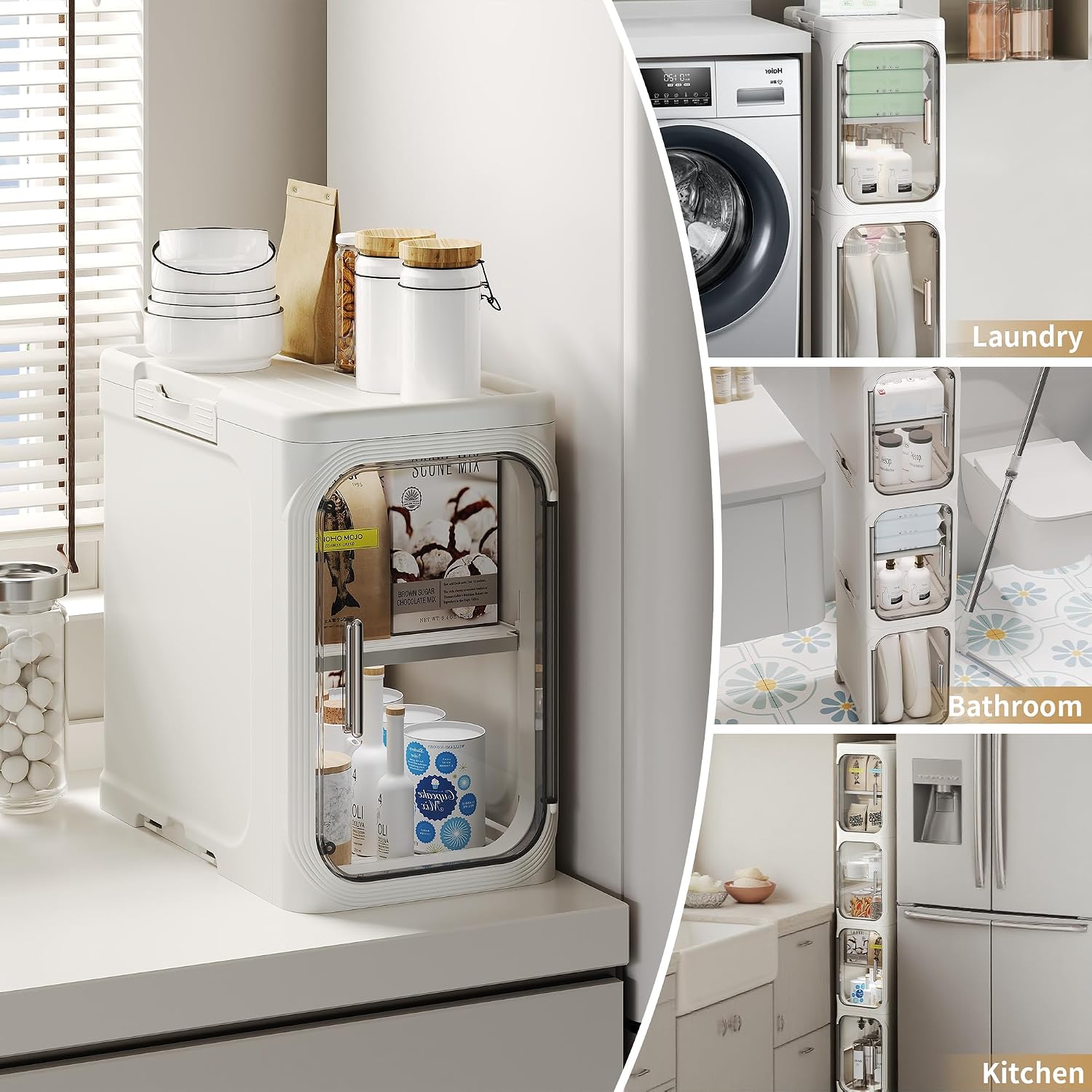 Narrow Slim Bathroom Storage Cabinet with Wheels, 4-Tier White | Tool Free Assembly, Adjustable Shelves, Fits for Narrow Spaces, Reinforced Stability, Magnetic Clear Door