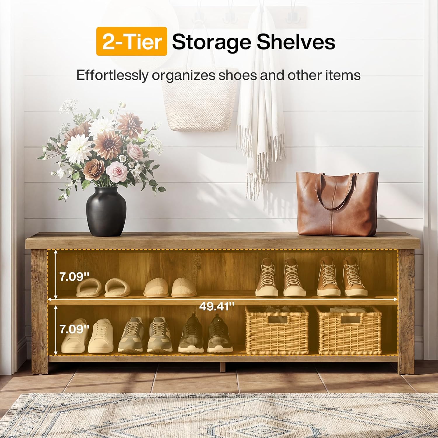 Tribesigns 55.12" Entryway Bench with Storage, Farmhouse Shoe Storage Bench with 2-Tier Shelves, Shoe Rack for Entryway, Hallway, Mudroom, Bedroom, Rustic Brown