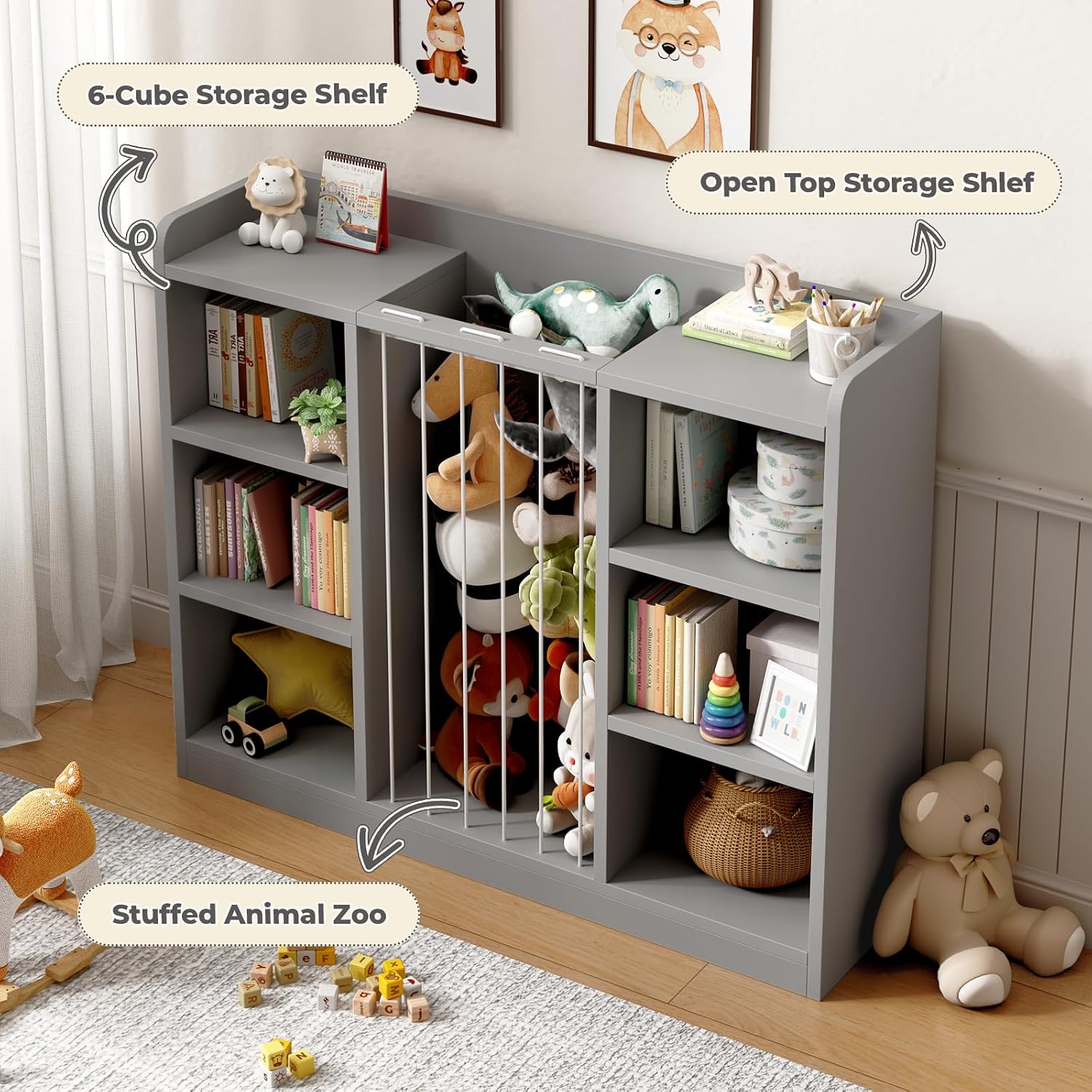 35.8" Toy Storage Organizer and Stuffed Animal Storage, 6 Cube Bookshelf for Kids Room, Playroom, Nursery, Rounded Corners & Anti-Tip, Grey