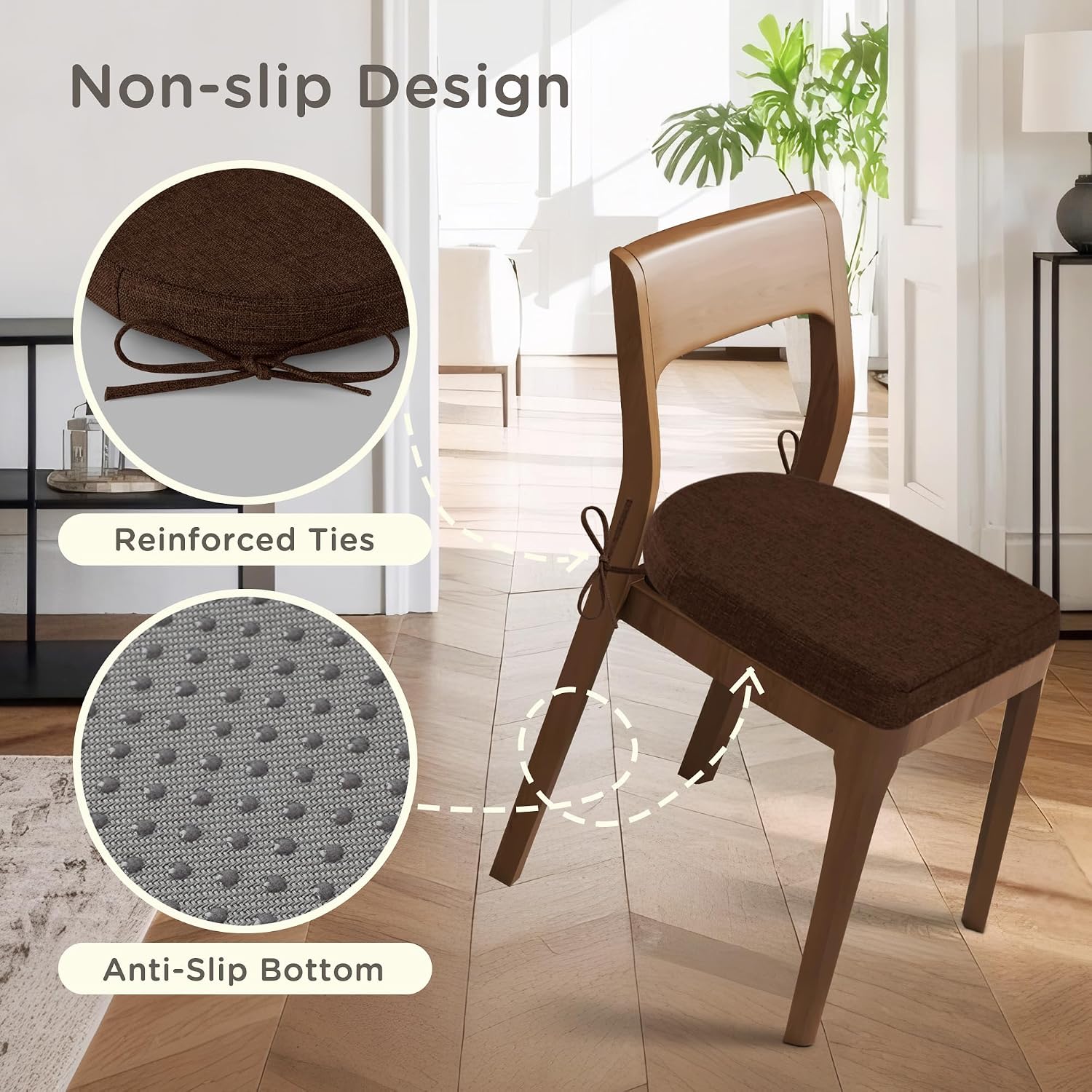 Non-Slip Kitchen Chair Cushions Set of 2 Comfy Chair Pads with Ties High-Resilience Foam Indoor Kitchen Seat Cushions for Dining Room with Machine Washable Cover 17.5 x 17.5 x 2 inch Coffee