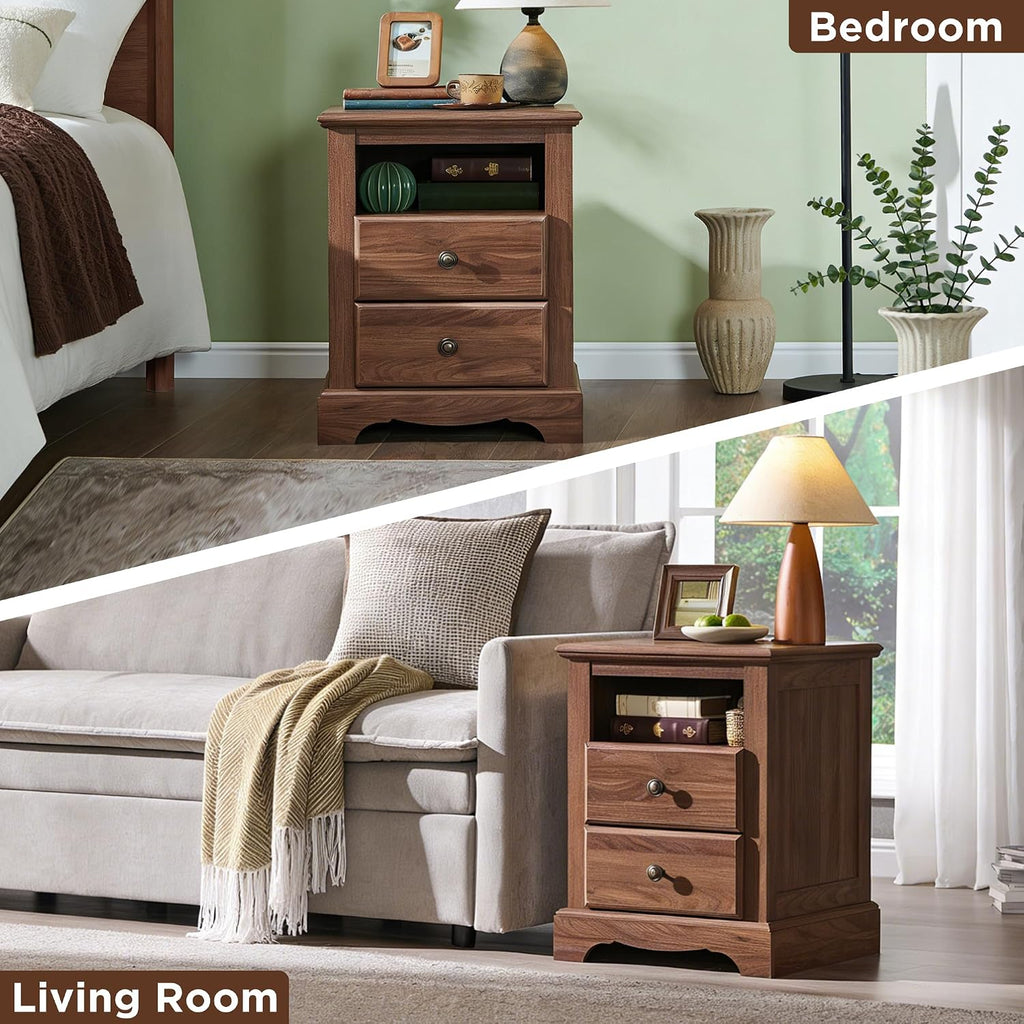 T4TREAM Nightstand Set of 2 with Charging Station, 18" W Vintage End Table with 2 Drawers & Open Storage Shelf, Wood Rustic Sofa Side Table for Living Room, Bedroom, Light Walnut
