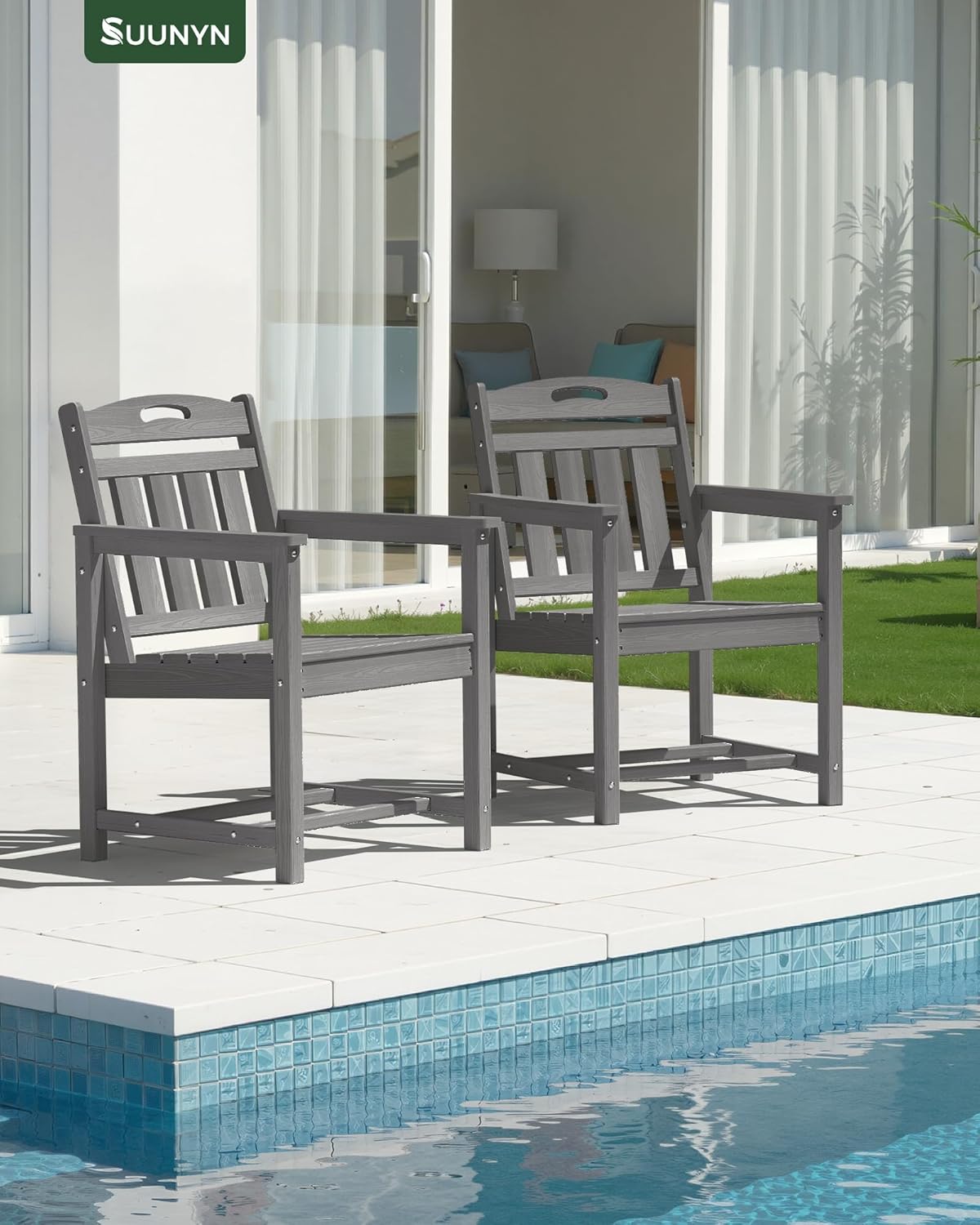 Patio Chairs Set of 2, HDPE Outdoor Dining Chairs with Wide Seat, All Weather Oversized Porch Chair for Garden, Backyard, Deck - Grey