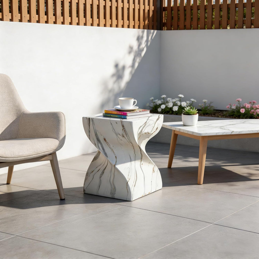 14.4" Round Stone Side Table, Outdoor Patio End Table, Faux Marble Accent Table, Weather Resistant Garden Stool Table, Modern Small Side Table for Indoor Outdoor Living Room Patio