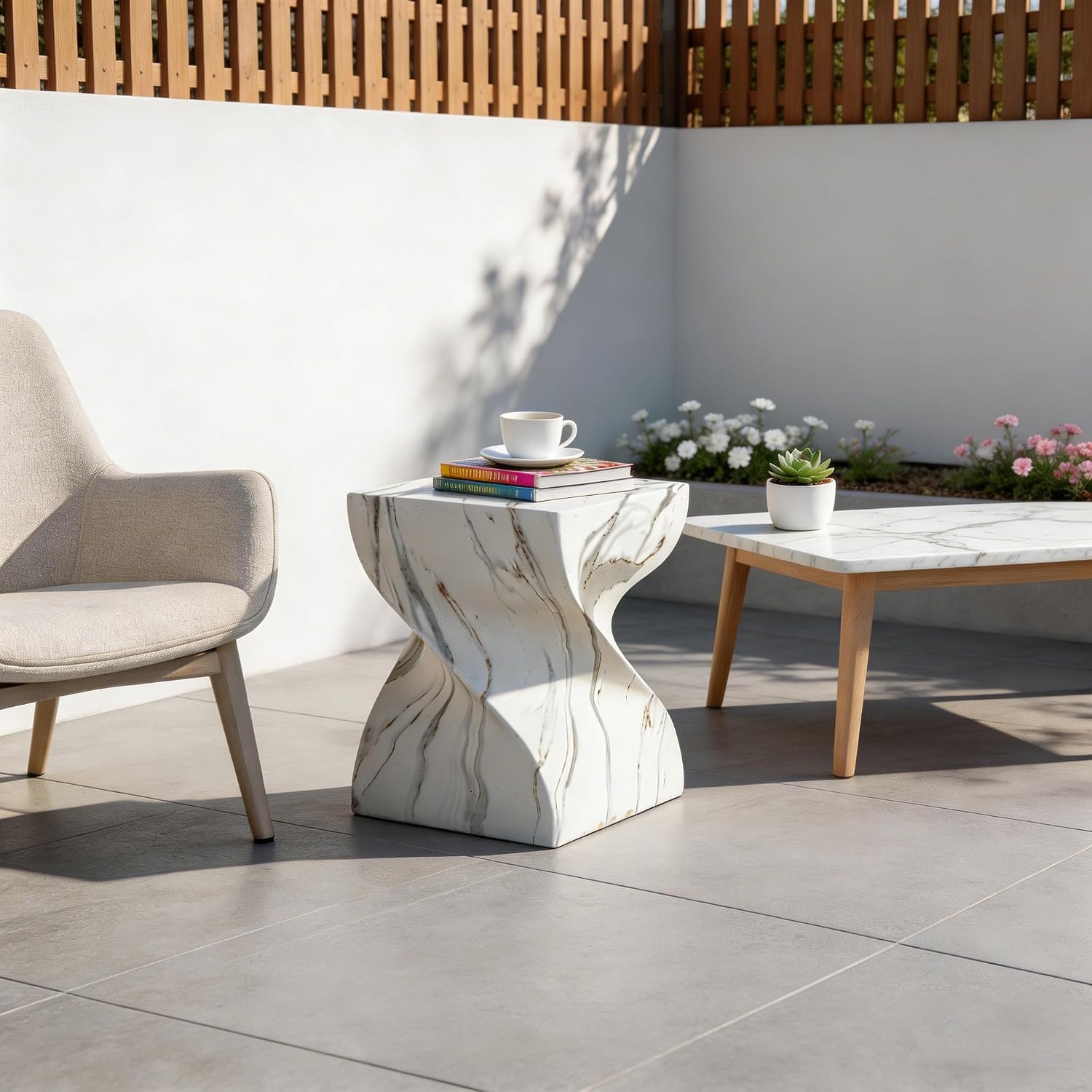 14.4" Round Stone Side Table, Outdoor Patio End Table, Faux Marble Accent Table, Weather Resistant Garden Stool Table, Modern Small Side Table for Indoor Outdoor Living Room Patio