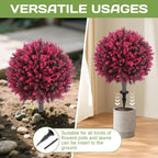 Artificial Red Eucalyptus Topiary Ball Tree 24" with Ground Spike, Set of 2 Artificial Boxwood Bushes for Faux Shrubs, Fake Evergreen Faux Plant for Indoor Outdoor Garden -UV Resistant–Fade-Proof