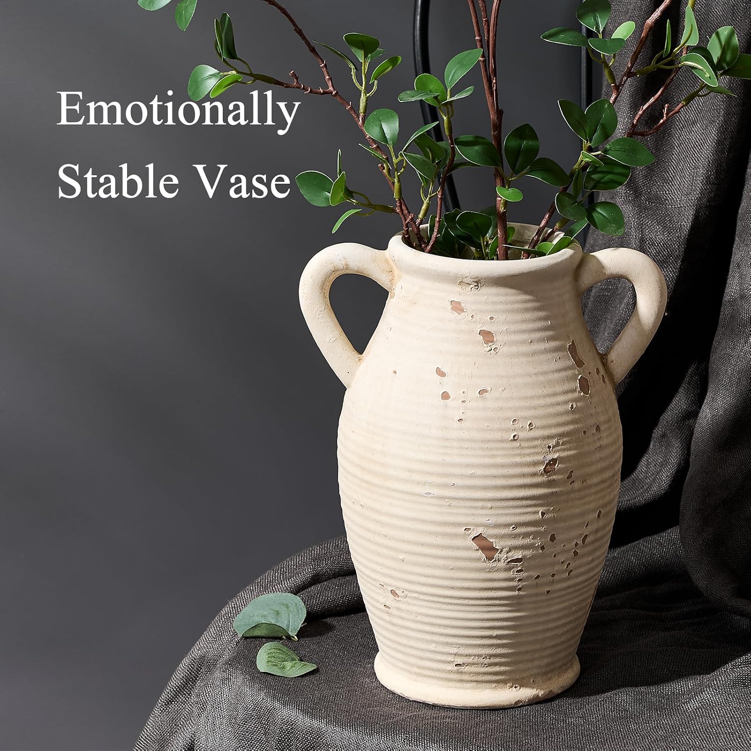 Vaseking Large Ceramic Rustic Vase with 2 Handles, 9.8 inch Farmhouse Distressed Flower Vase for Home Decor, Living Room, Shelf Decor, Pampas Grass, Enterway, Table Decoration, Gift, White