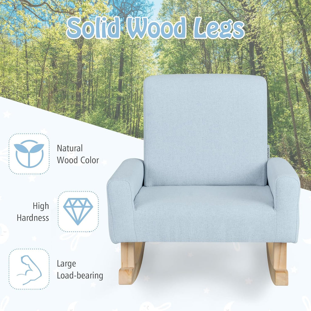 Honey Joy Toddler Rocking Chair, Kids Rocker with Solid Wood Legs & Linen Fabric, Anti-Tipping Design, Toddler Couch for Kids Room, Playroom, Nursery, Bedroom (Blue)