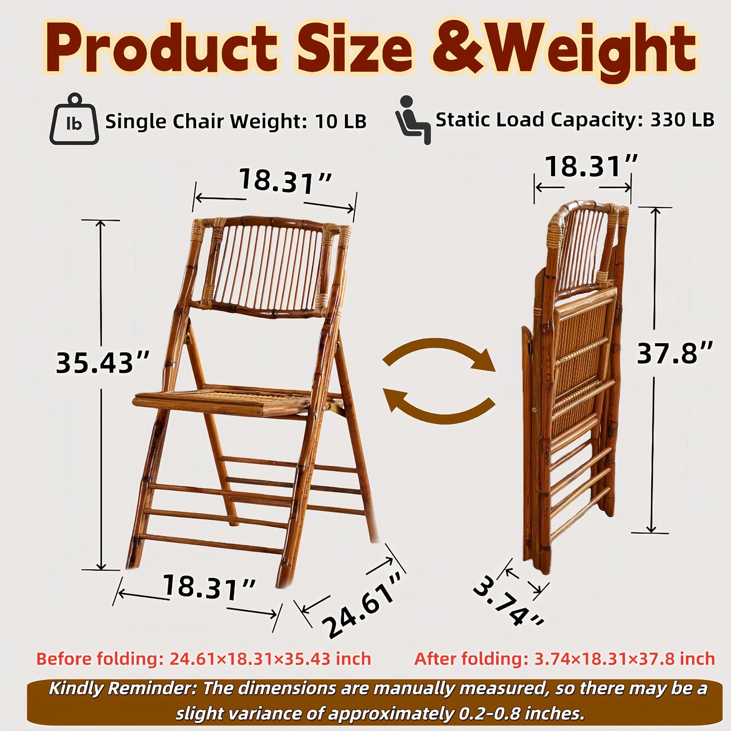 Bamboo Folding Chair, Completely Upgraded Foldable Vintage Dining Chair with 330lb Handcrafted for Living Room Patio Garden Balcony Indoor/Outdoor (1, Antique Brown)