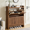 Fluted Shoe Storage Cabinet with 2 Flip Door for Entryway, Modern Freestanding Narrow Wood Shoe Rack Cabinet for Foyer, Front Door, Hallway