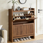 Fluted Shoe Storage Cabinet with 2 Flip Door for Entryway, Modern Freestanding Narrow Wood Shoe Rack Cabinet for Foyer, Front Door, Hallway