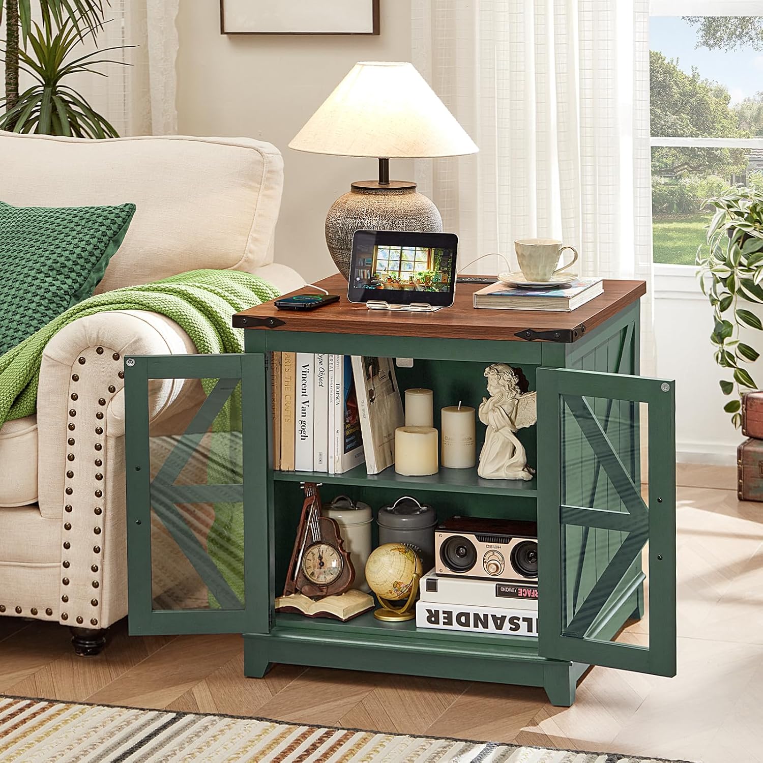 Joaxswe Farmhouse End Table with Charging Station, 24" Large Sofa Side Table with Glass Barn Door, Green Nightstand with Adjustable Storage Shelf, Wood Square Bedside Table for Living Room, Bedroom