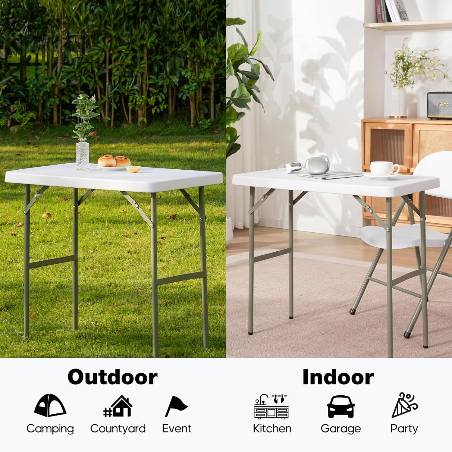 2.7ft Rectangular Folding Table for All-Occasion, Foldable Table with HDPE Tabletop and Steel Legs, Durable and Stable Small Folding Table, Perfect for Camping, Picnic, Party, Indoor & Outdoor