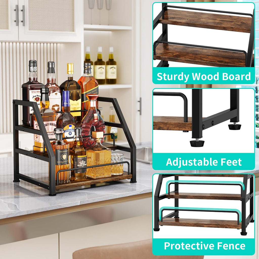HapiRm Liquor Bottle Display Shelf - 3-Tier Stepped Liquor Cabinet Bar with Protective Fence, Countertop Wine Rack for Home
