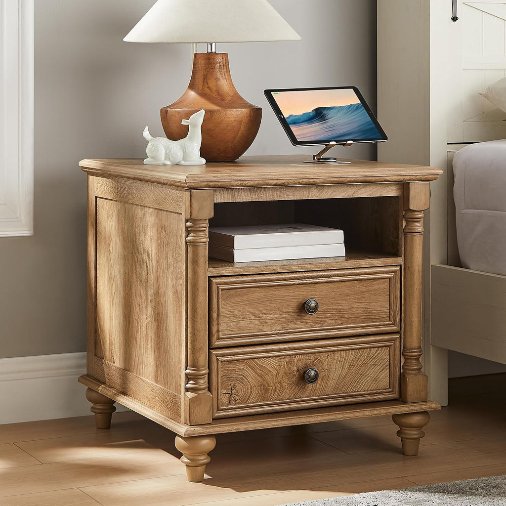 T4TREAM 24'' Farmhouse End Table w/4 Solid Wood Feet, Large 2 Drawers Wide Sofa Side Table with Charging Station, Tall Rustic Wood Square Nightstand for Living Room, Bedroom, Office, Light Tree Knot