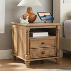 T4TREAM 24'' Farmhouse End Table w/4 Solid Wood Feet, Large 2 Drawers Wide Sofa Side Table with Charging Station, Tall Rustic Wood Square Nightstand for Living Room, Bedroom, Office, Light Tree Knot