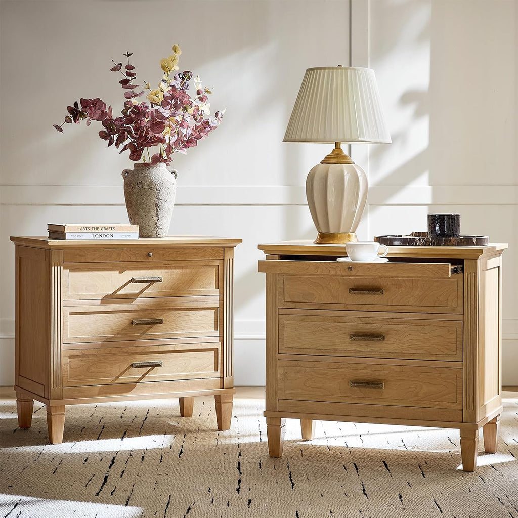 HULALA HOME Farmhouse End Table with Charging Station, Pull-Out Tray, 3 Drawers End Table with Solid Wood Legs, Wood Veneer Side Table with Open Shelf Set of 2, Natural