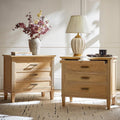 HULALA HOME Farmhouse End Table with Charging Station, Pull-Out Tray, 3 Drawers End Table with Solid Wood Legs, Wood Veneer Side Table with Open Shelf Set of 2, Natural