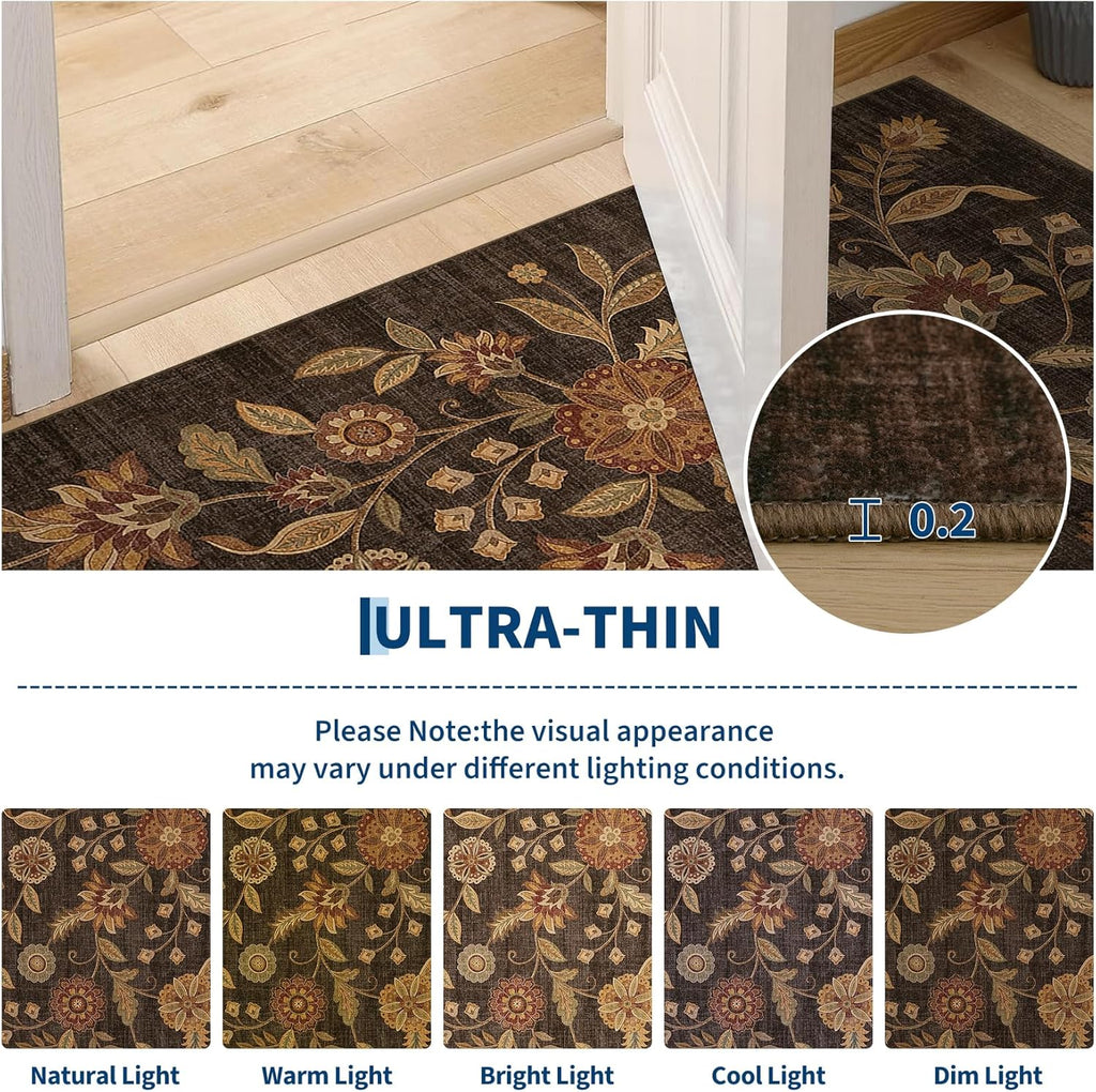 Garvee Washable 5x7 Area Rugs Boho Vintage Floral Botanical Fall Soft Non-Slip Low-Pile Stain Resistant Throw Rugs for Bedroom Living Room Nursery Office Kitchen Room Decor Dark Brown