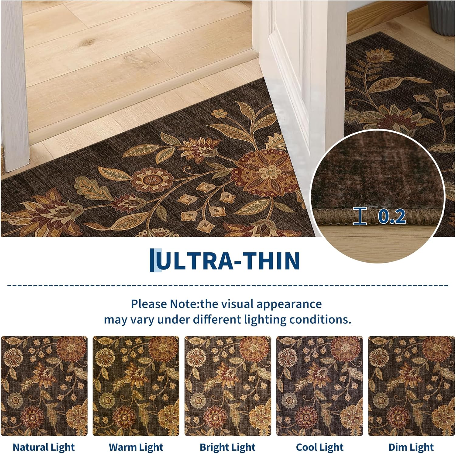 Garvee Washable 5x7 Area Rugs Boho Vintage Floral Botanical Fall Soft Non-Slip Low-Pile Stain Resistant Throw Rugs for Bedroom Living Room Nursery Office Kitchen Room Decor Dark Brown