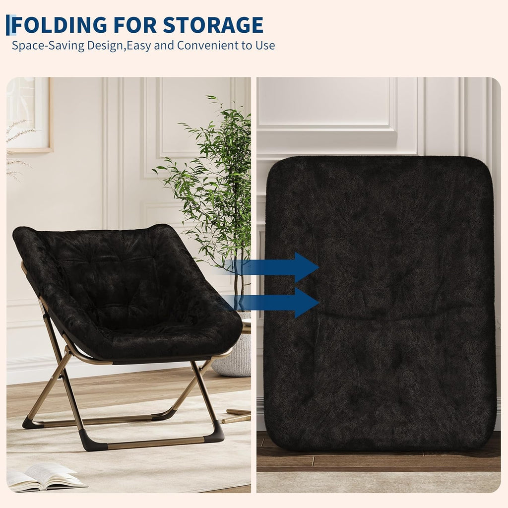 Collapsible Saucer Chair for Adults – Soft Faux Fur, Metal Frame, 300 Lbs Capacity, No Assembly Needed – for Bedroom, Living Room, Dorm or Apartment