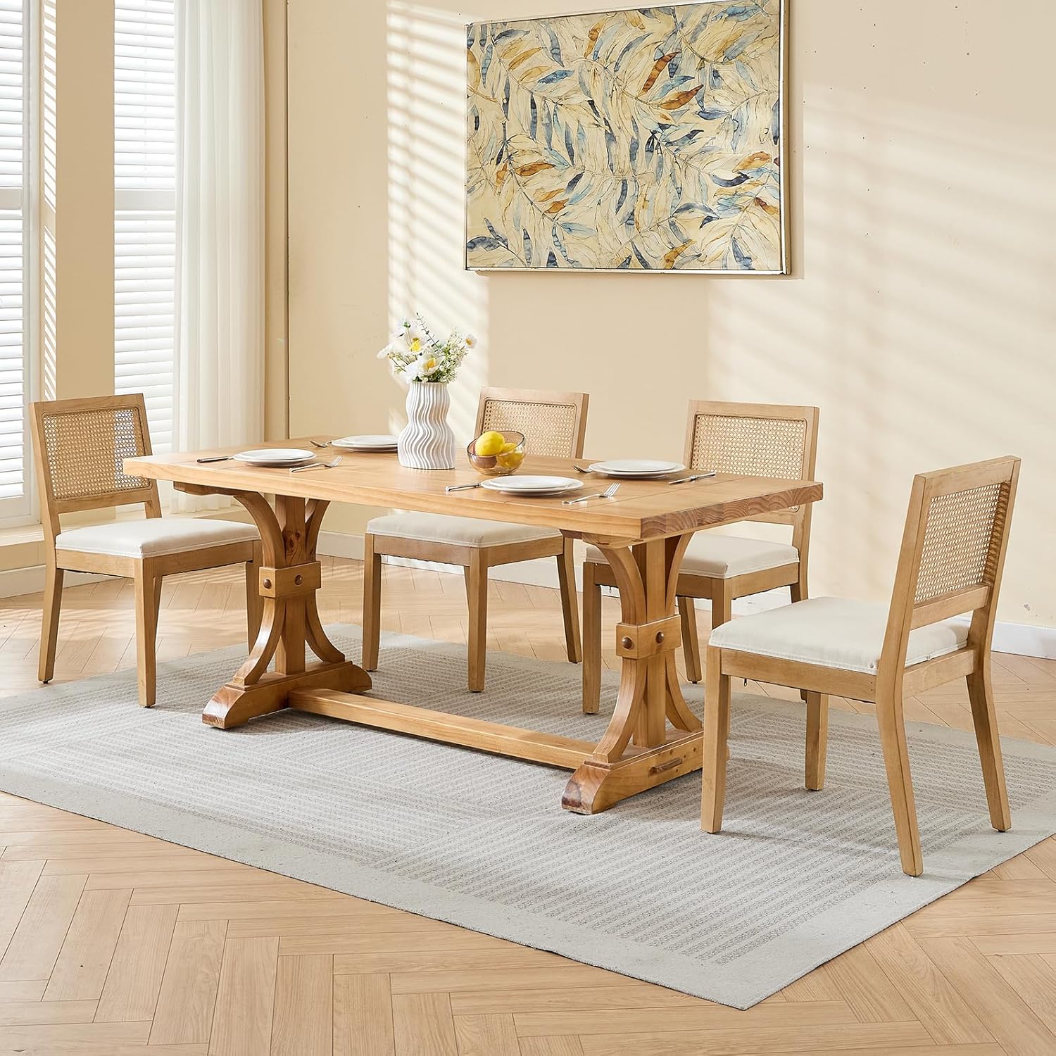 ODUSE-DAILY French Country Dining Chairs Set of 6, Cream Kitchen & Dining Room Chairs Set of 6, Ivory Rattan Dining Chairs, Cane Low Back, Wood Legs, Sillas De Comedor (Rattan, Beige, 6Pcs)