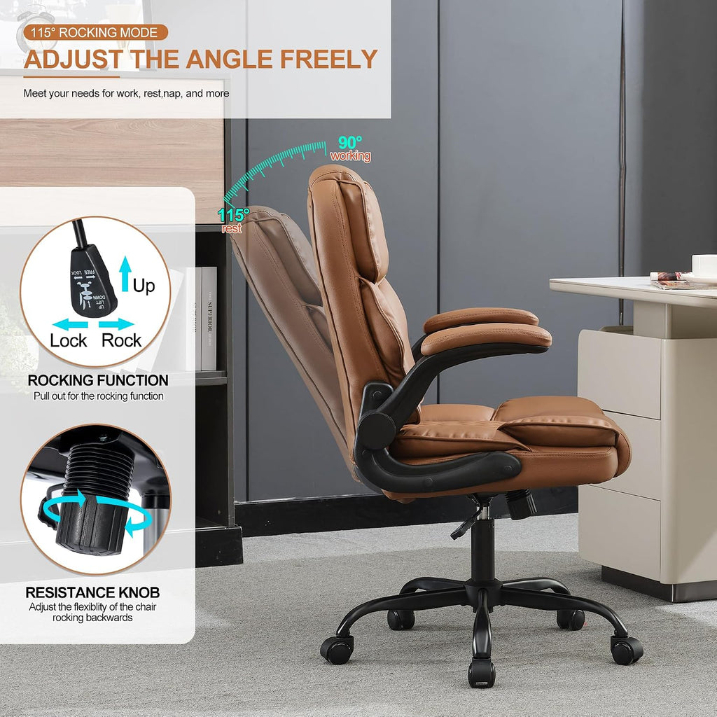 Office Desk Chair,Mid Back Executive Leather Chair,Ergonomic Home Computer Chair,Modern Conference Room Chairs with Adjustable Flip-Up Arms and Rocking Function (Brown)