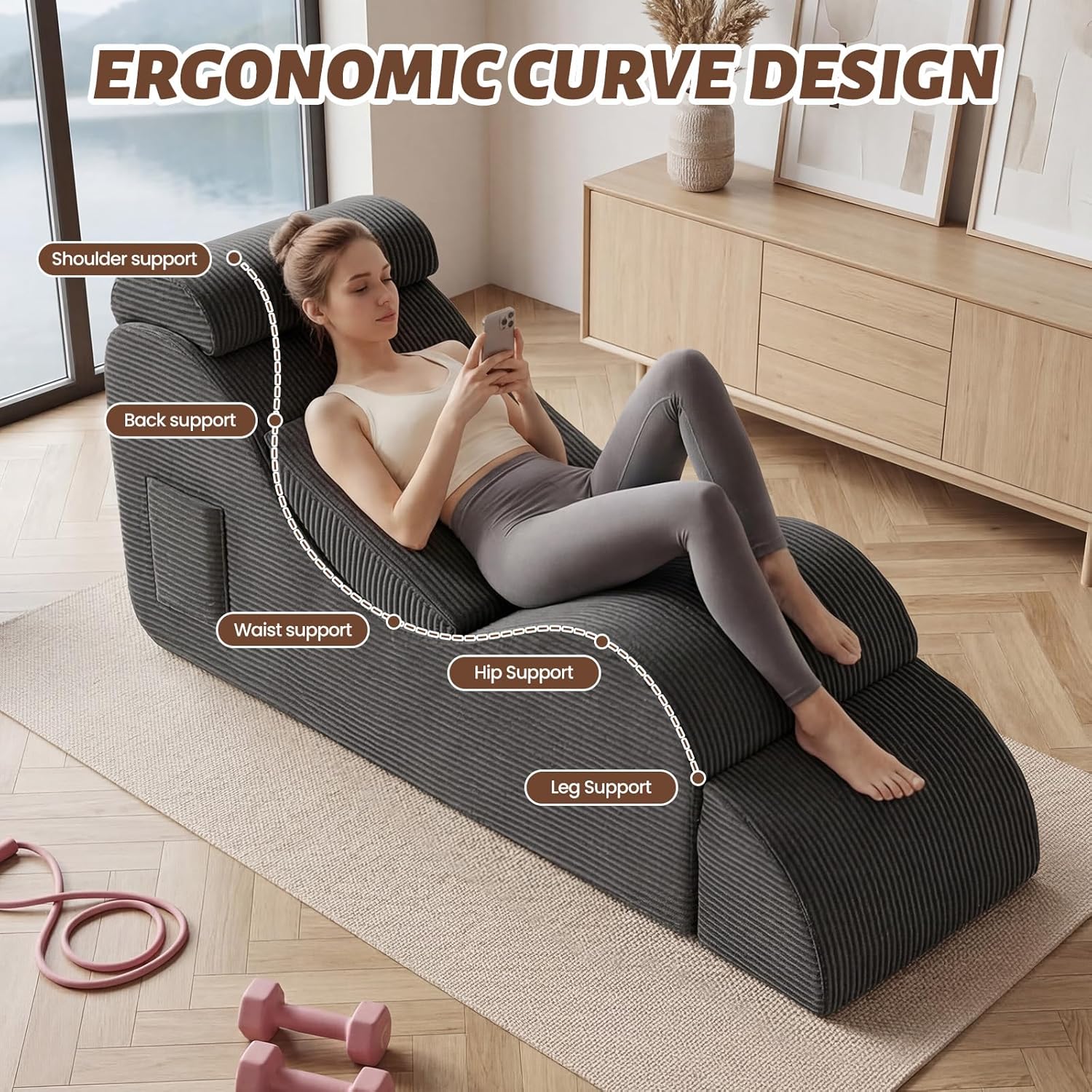 Yoga Chair Lounge for Adult, Ergonomic Foam Chaise Lounge Chair Indoor with Side Pocket, Headrest, Waist Pad, Ottoman, Perfect for Stretching, Massage, and Relaxation, No Assembly Required(Grey)