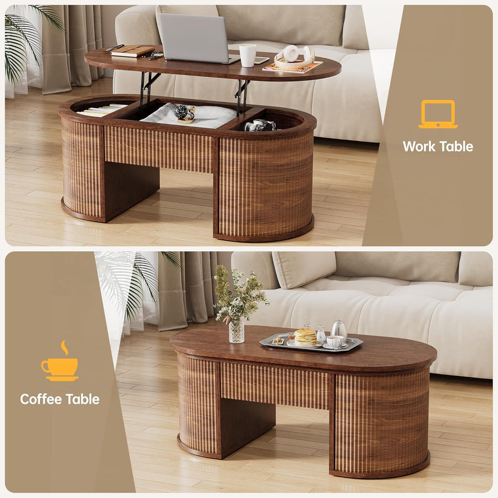Fluted Lift Top Coffee Table with Storage, Oval Living Room Center Table with Hidden Compartment, Modern Mid-Century Wood Coffee Table for Small Spaces, Home Office, Walnut