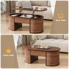 Fluted Lift Top Coffee Table with Storage, Oval Living Room Center Table with Hidden Compartment, Modern Mid-Century Wood Coffee Table for Small Spaces, Home Office, Walnut