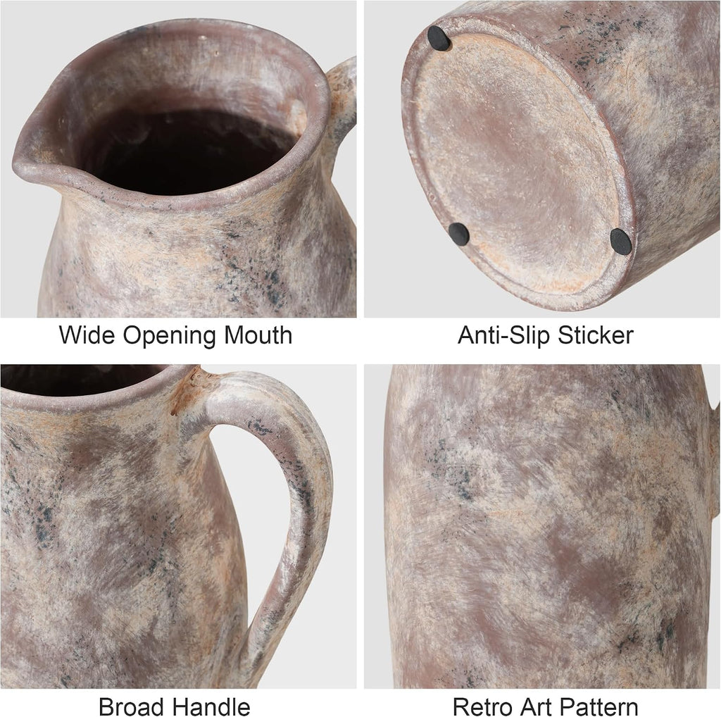 Ceramic Flower Vase with Handles,11" Neutral Tall Clay Terracotta Vases Farmhouse Table Vases with Handle Living Room Decor Rustic Pottery Pots for Home Shelf Coffee Dining Desk Fireplace