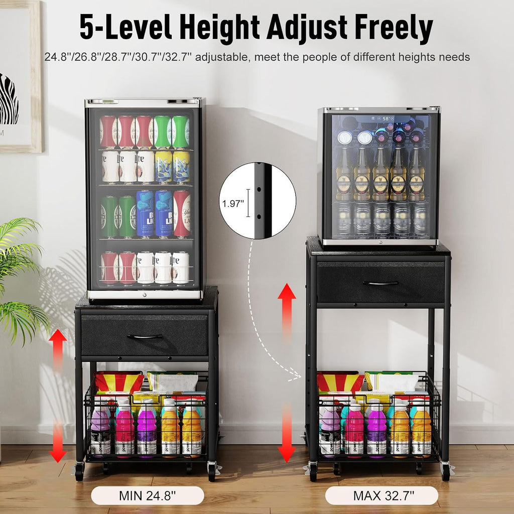 Housolution Mobile Mini Fridge Stand with Storage, Height-Adjustable Mini Beverage Fridge Table, Coffee Bar, 200 lbs Heavy-Duty Compact Refrigerator Shelf with Rolling Cabinet for Kitchen Home, Black