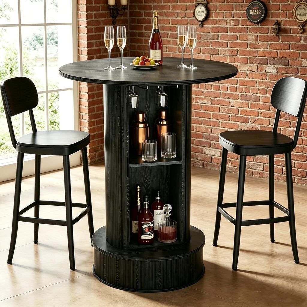 Small Round Bar Table with Slide Door & Hidden Storage, 38" High Bistro Pub Table with Footrest, Wooden Cocktail Table for Home Bar, Kitchen, Living Room, Black