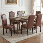 LSSBOUGHT PU Dining Chair Set of 2 Upholstered Parsons Kitchen Chair with Copper Nails and Solid Wood Legs for Dining Room,Restaurant(Brown, 2PCS)