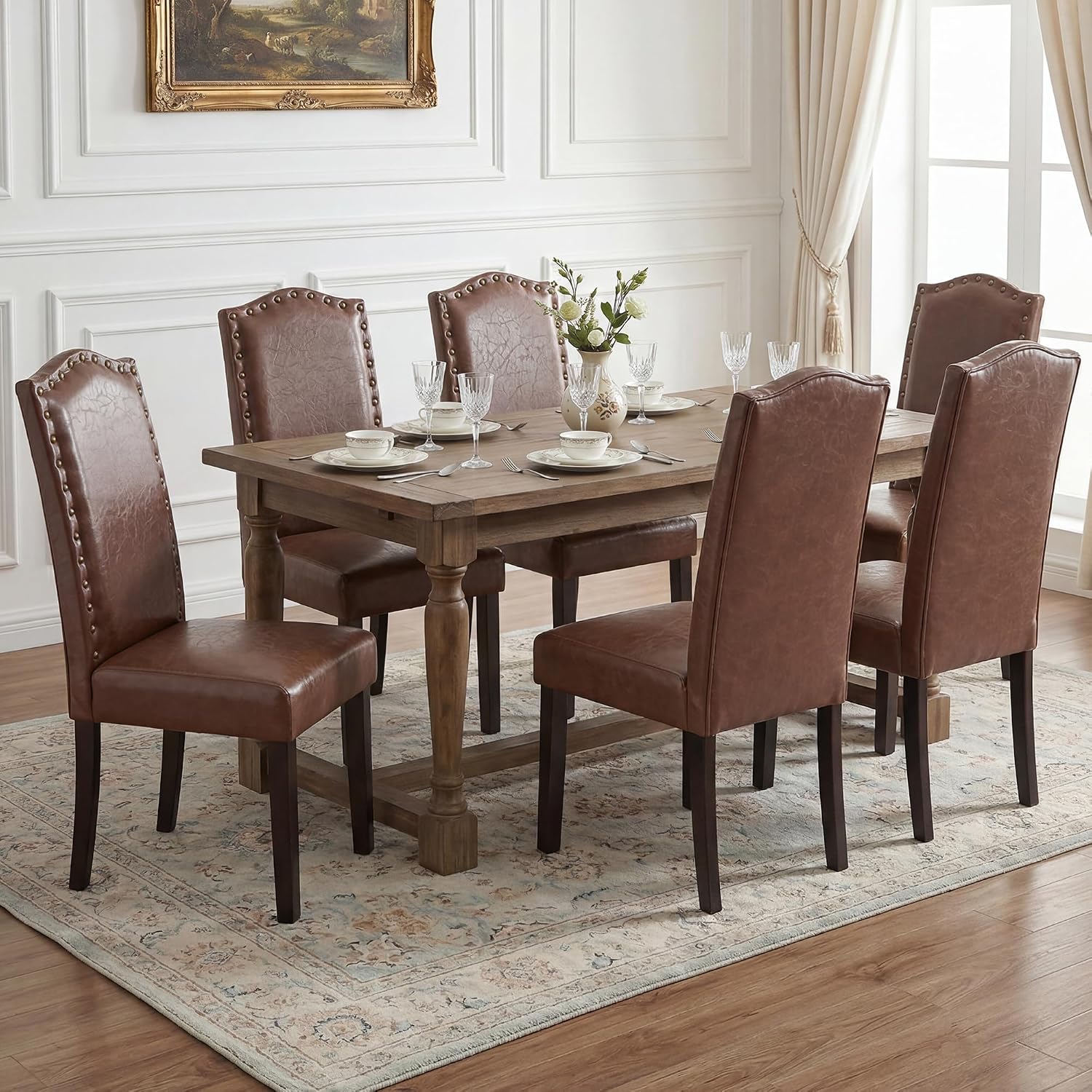 LSSBOUGHT PU Dining Chair Upholstered Parsons Kitchen Chair with Copper Nails and Solid Wood Legs for Dining Room,Restaurant (Brown, 4PCS)
