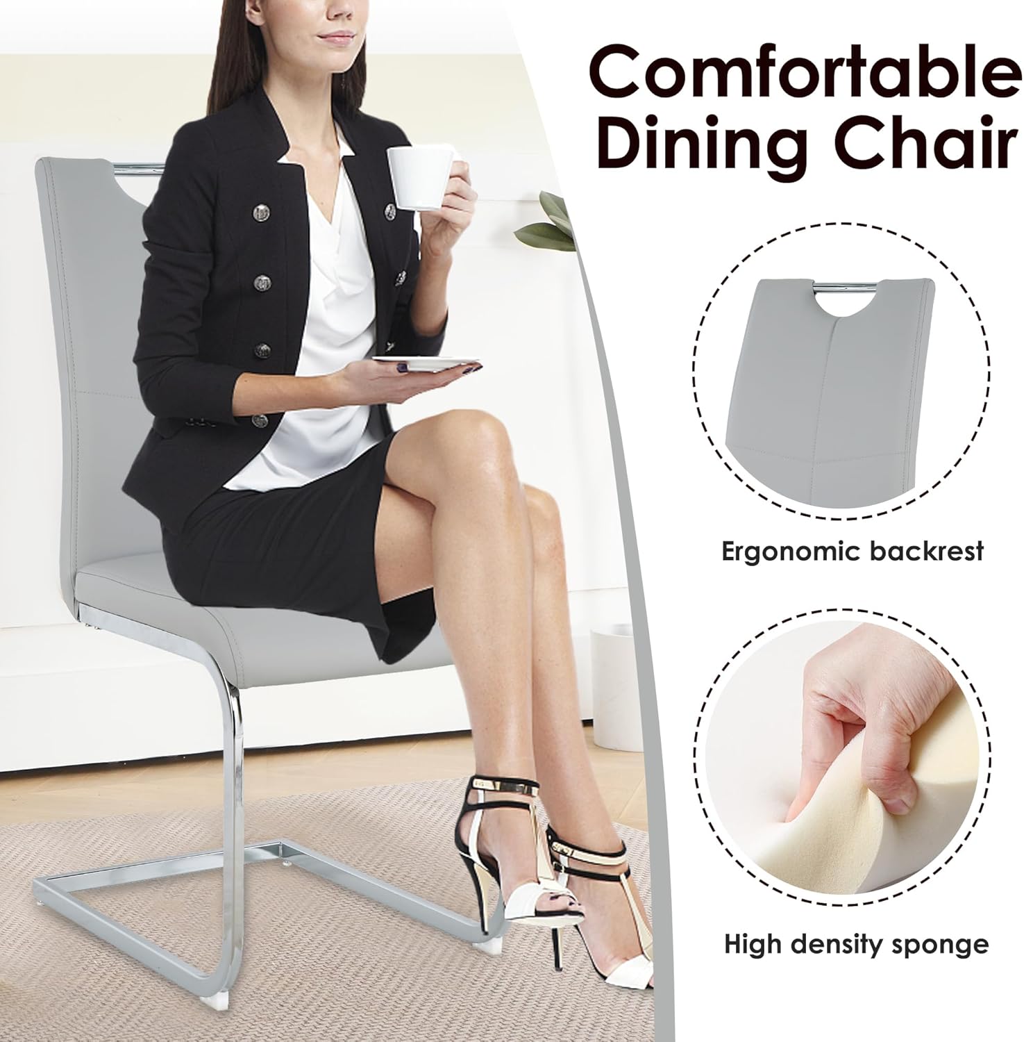 yeag Modern Dining Chairs Set of 4, High Back Kitchen and Kitchen Room Chairs with Silver Metal Chrome Legs and Upholstered PU Faux Leather Seat, Accent Side Chair for Home,Living Room, Gray
